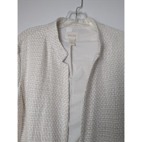 Chico's Textured Embellished Trim Cream Gold Jacket Size 2 (L) Lined Cruise - Picture 6 of 11